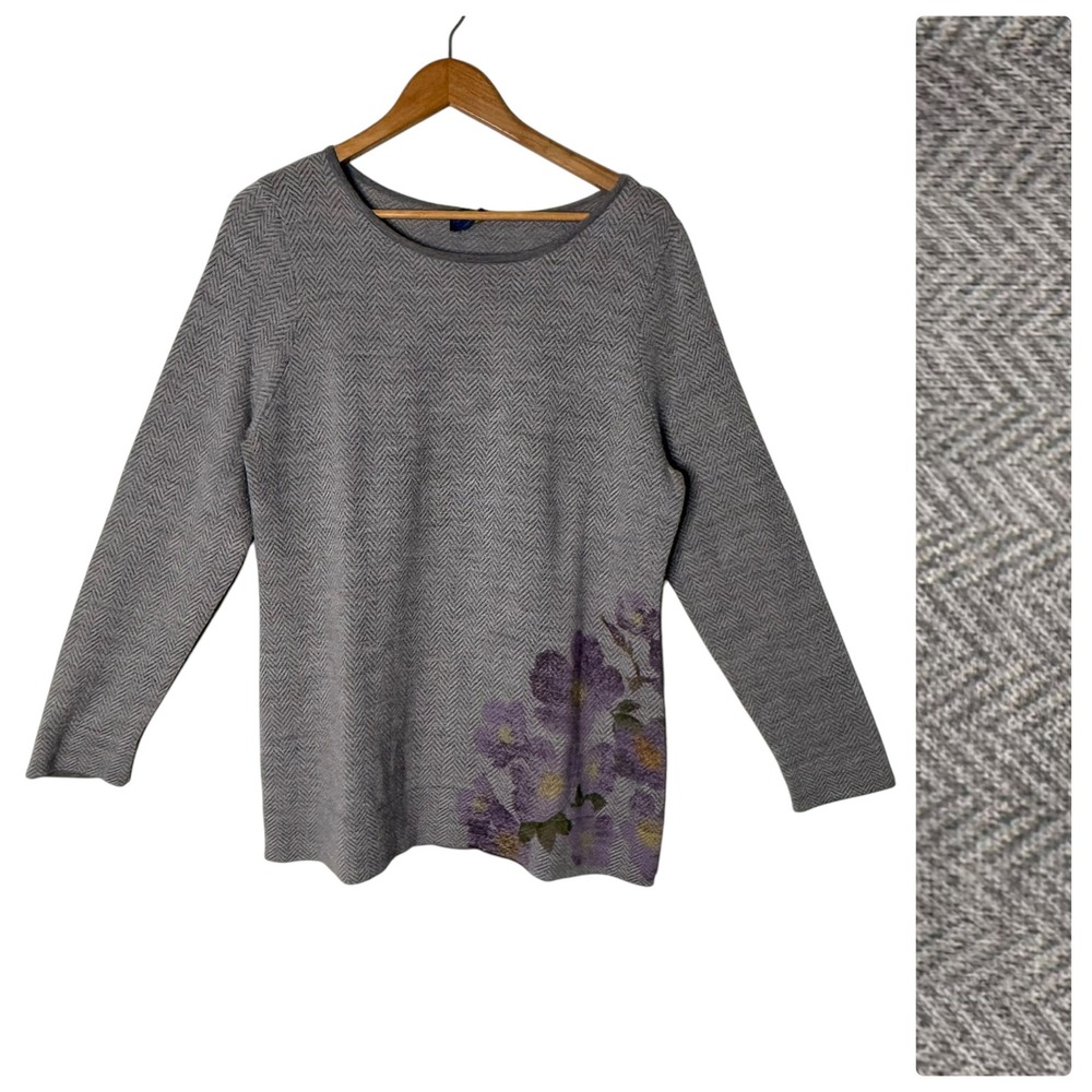 Pendleton Merino Wool Sweater Women XLP Gray Floral Herringbone Knit Pullover